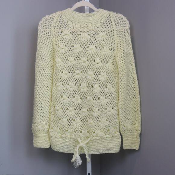 Vintage Handmade Crochet Knit Sweater Pullover Cream Open Weave Size M - Picture 1 of 6